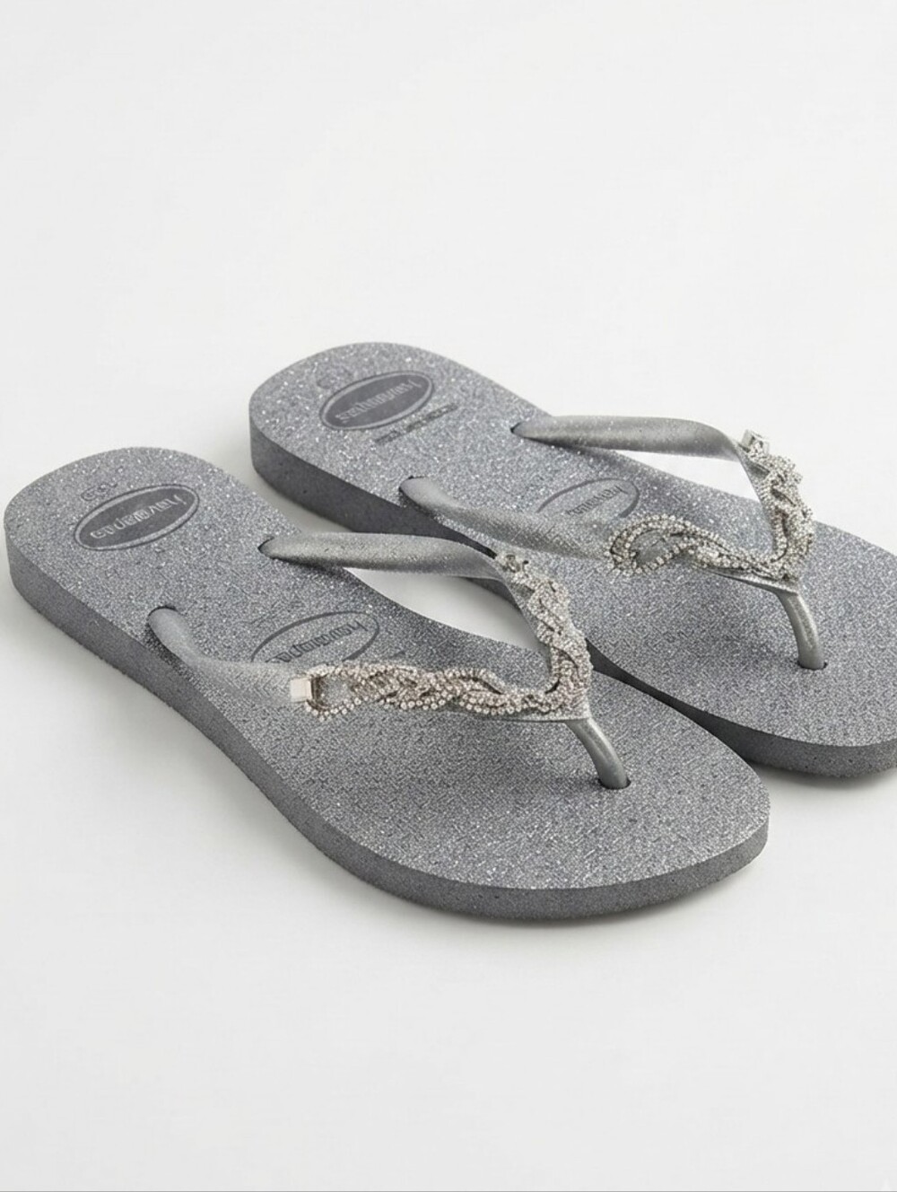 Havaianas Silver Glitter Flip Flops with Crystal-Embellished Straps